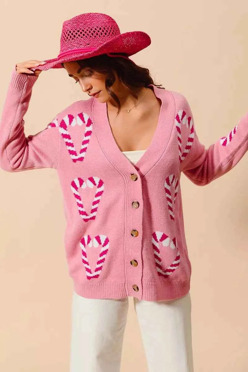 SO ME Christmas Candy Cane Button Front Sweater Cardigan