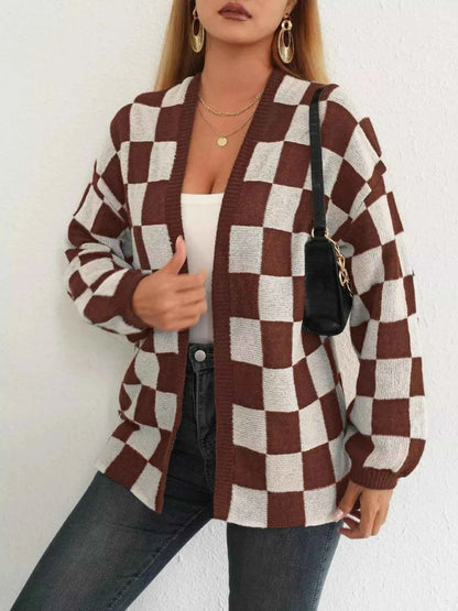 Checkerboard Pattern Open Front Knit Cardigan