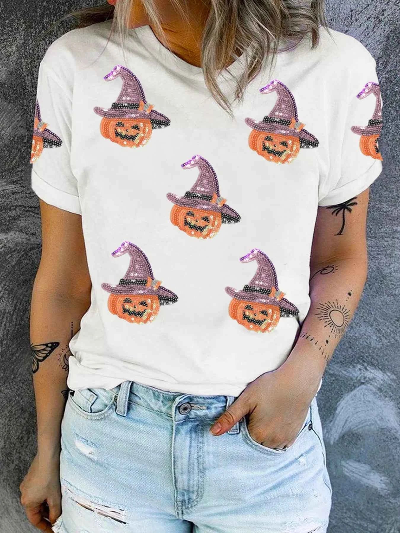 Sequin Pumpkin Witch Halloween Tee