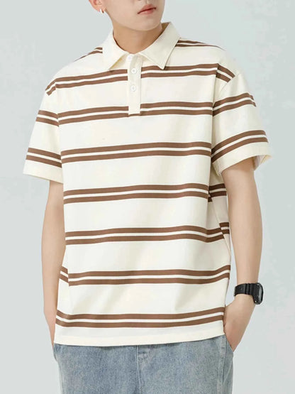 Men's Plus Size Striped Button Detail Short Sleeve Polo