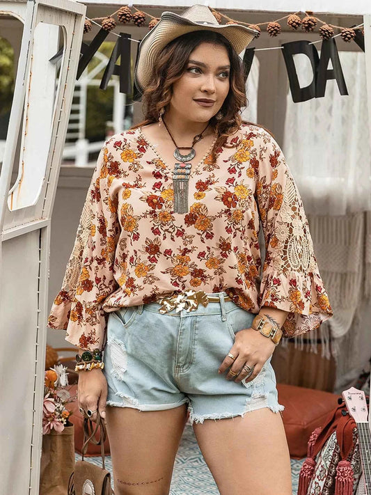 Plus Size Floral Lace Detail V-Neck Blouse