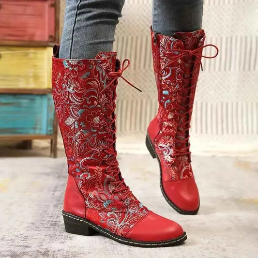Embroidered Lace-Up Knee High Boots