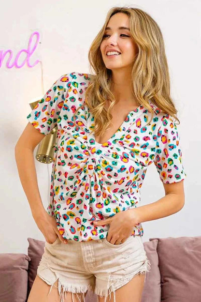 BiBi Multi Color Leopard Jersey Shirred V Neck Top