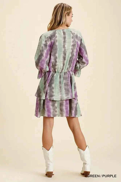 Umgee Tie Dye Ruffled Layered Dress with Elastic Waistband
