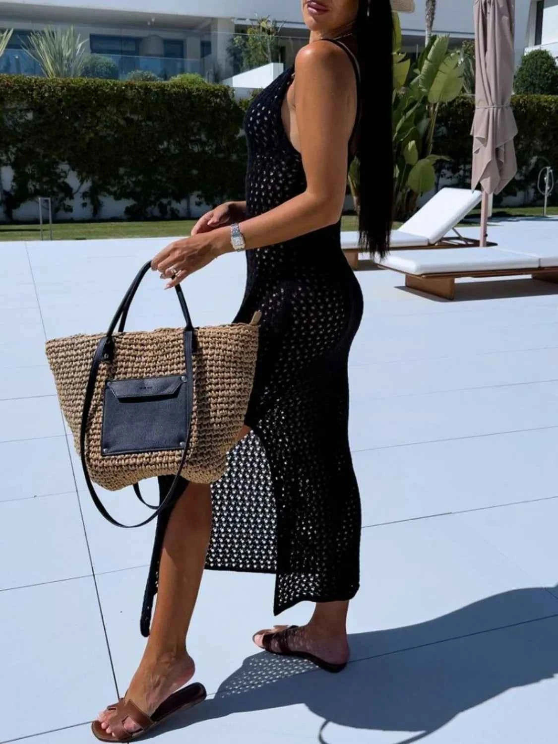 Openwork Slit Scoop Neck Sweater Dress