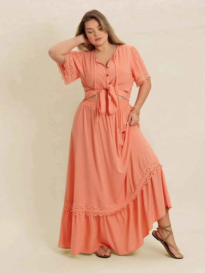 Plus Size Lace Detail Tie Neck Top and Skirt Set