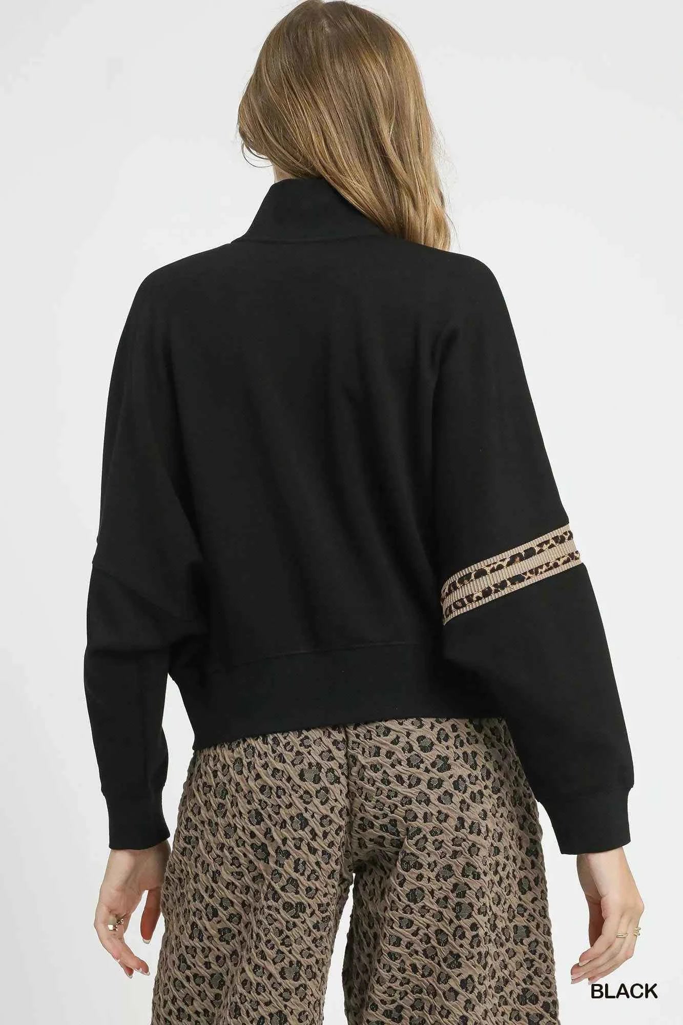 Umgee Zipper Up Cropped Jacket with Leopard Trim