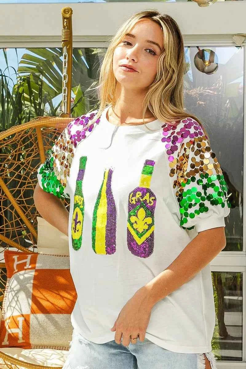 BiBi Sequin Mardi Gras Bottles Spangled Sleeve Top