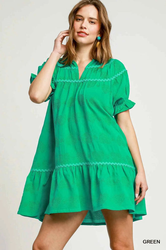 Umgee Heart Pattern Short Sleeve Ruffle Babydoll Dress