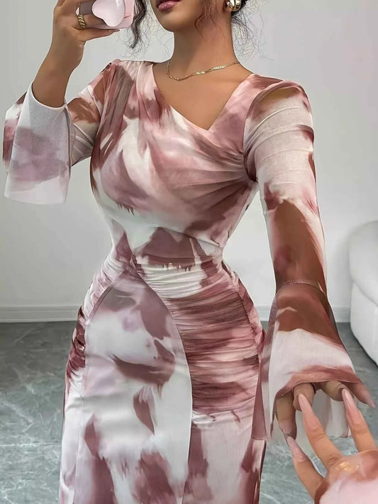 Asymmetrical Neck Long Sleeve Maxi Dress