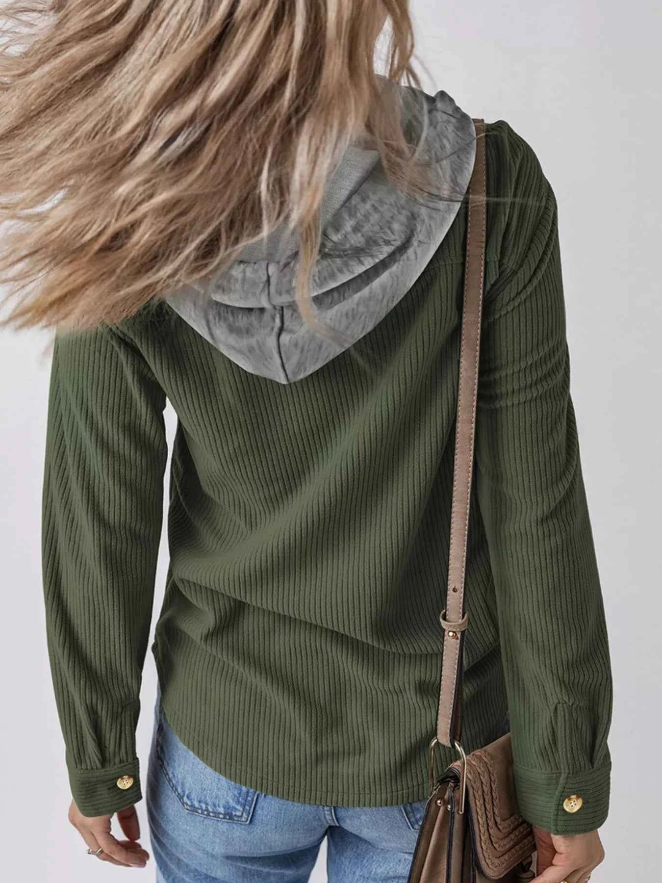 Plus Size Casual Corduroy Button-Down Hooded Jacket