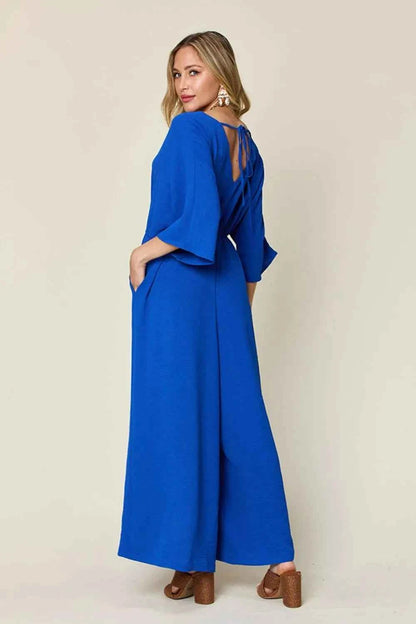 Double Take Full Size Surplice Wide Leg Jumpsuit with Pockets