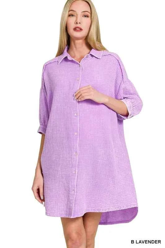 Zenana Washed Double Gauze Button Down Shirt Dress
