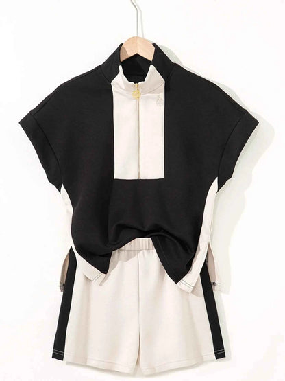 Color Block Half Zip Top and Shorts Two-Piece Set