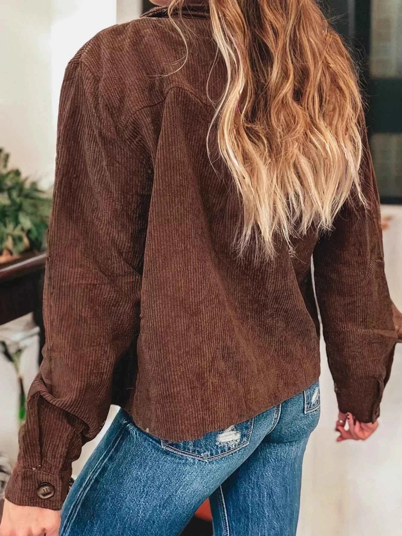 Floral Embroidered Collar Button Front Corduroy Jacket