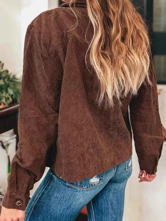 Floral Embroidered Collar Button Front Corduroy Jacket