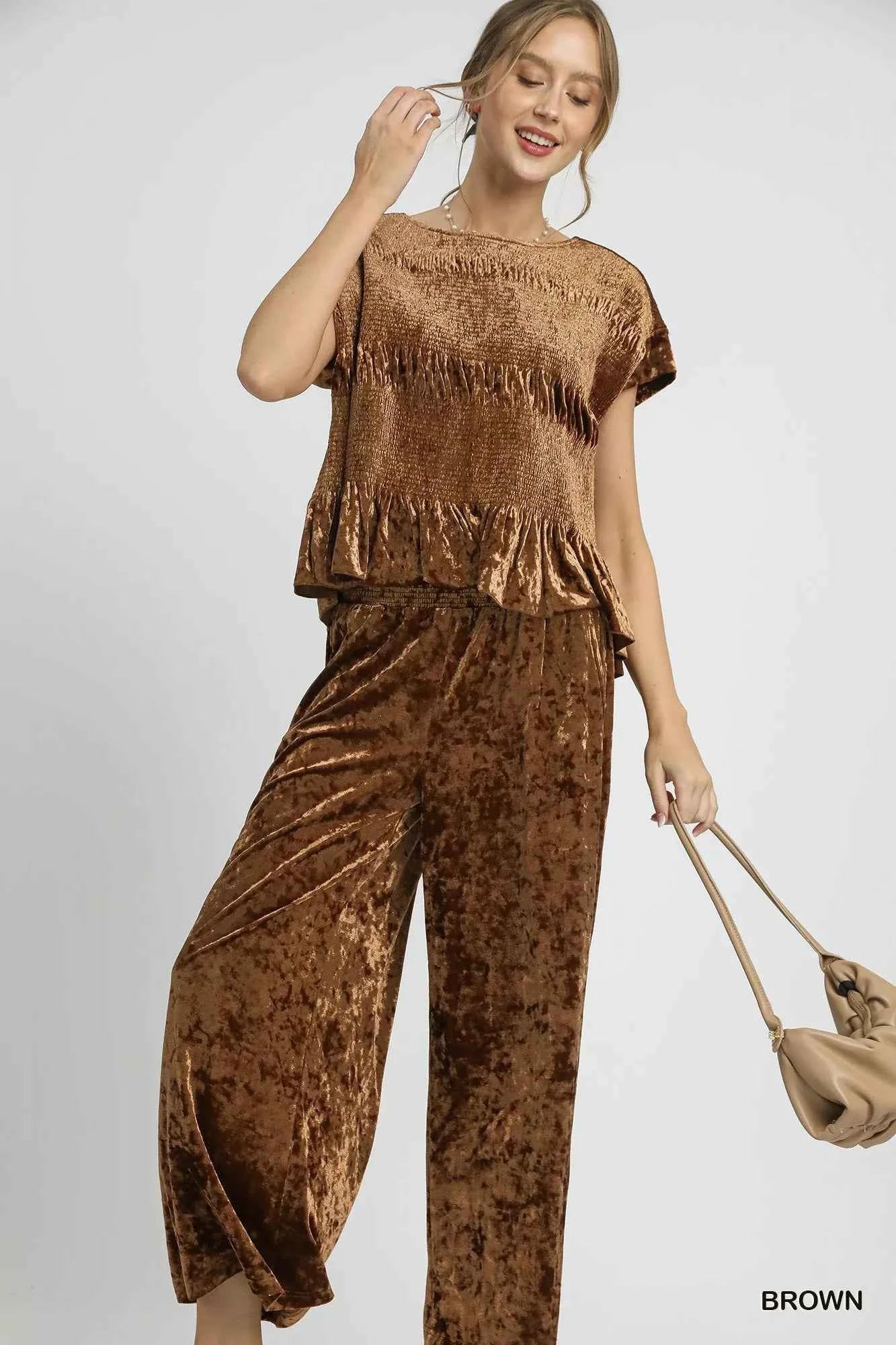 Umgee Velvet Smocked Waistband Wide Leg Pants