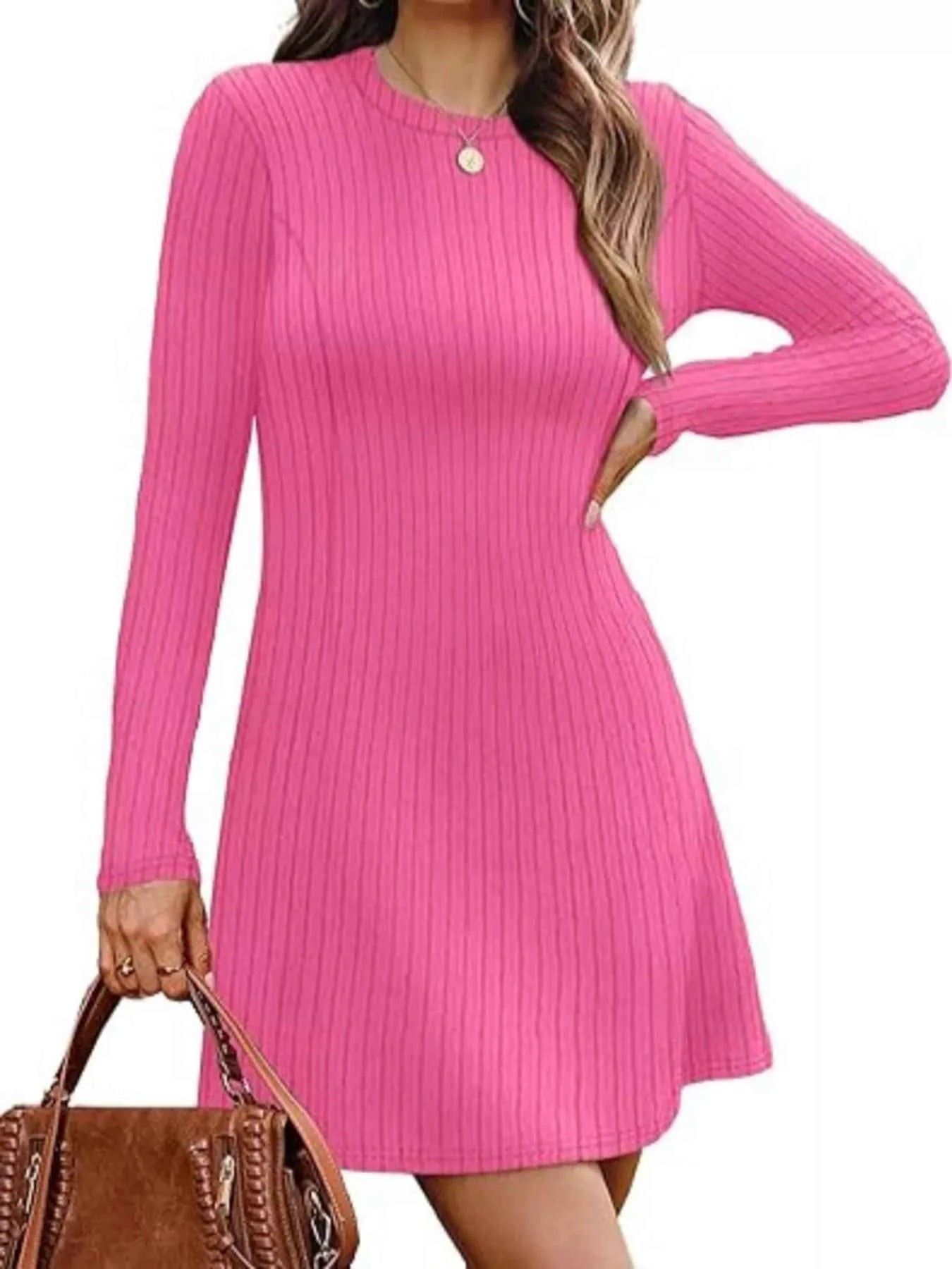 Ribbed Knit Long Sleeve A-Line Dress