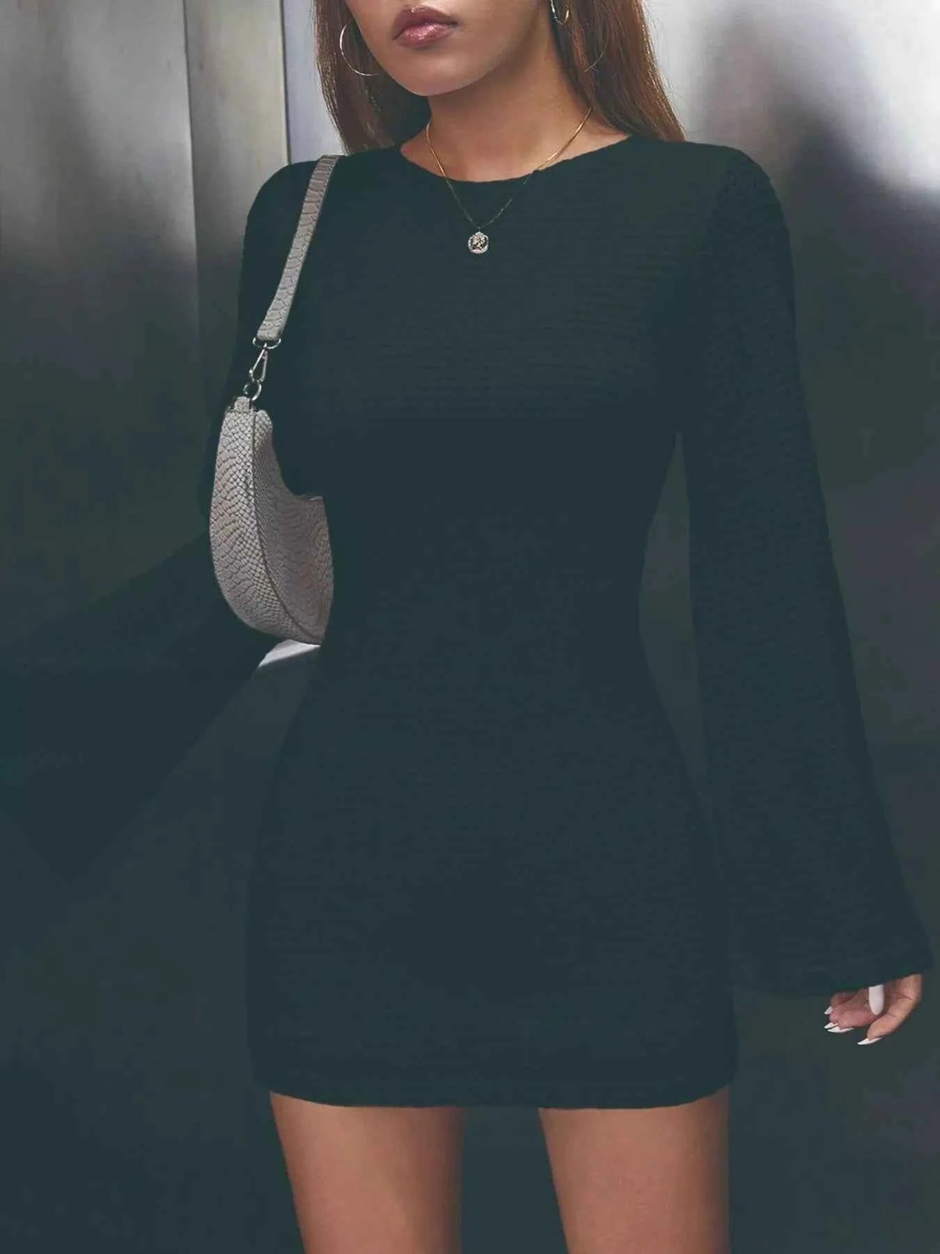 Backless Waffle Knit Flare Sleeve Mini Dress