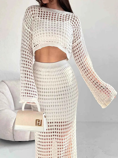 Hollow Out Long Sleeve Top and Skirt Knit Set