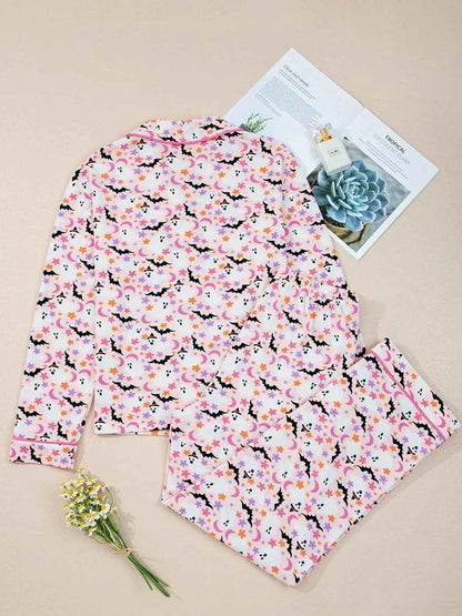 Halloween Ghost Print Button Up Top and Pants Lounge Set