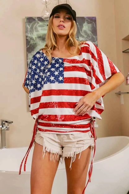 BiBi American Flag Printed Side Ruched Details Knit Top