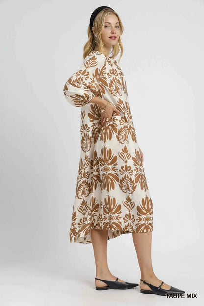 Umgee Mix Abstract Floral Print Midi Dress