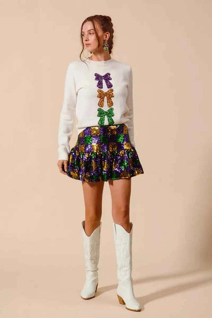 SO ME Mardi Gras Checker Sequins Mini Skirt