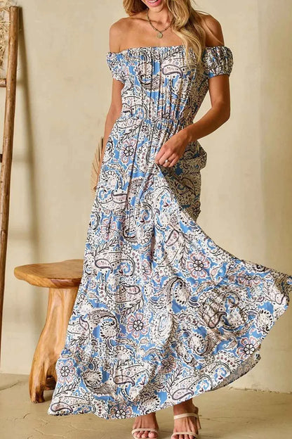 Boho Paisley Print Off Shoulder Maxi Dress