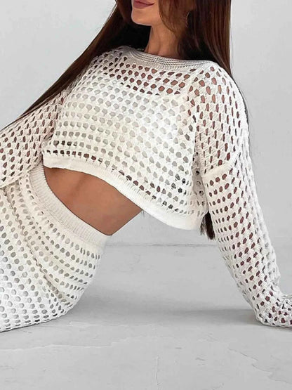 Hollow Out Long Sleeve Top and Skirt Knit Set