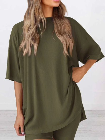 Full Size Oversized Round Neck Top and Shorts Set Plus Size
