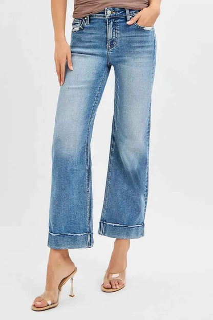 RISEN Full Size Mid Rise Crop Straight Jeans with Taylor Cuffed Plus Size