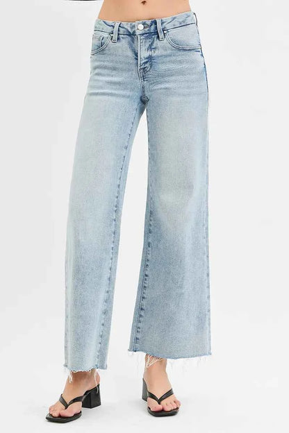 RISEN Full Size Tummy Control Low Rise Wide Leg Raw Cut Hem Jeans Plus Size