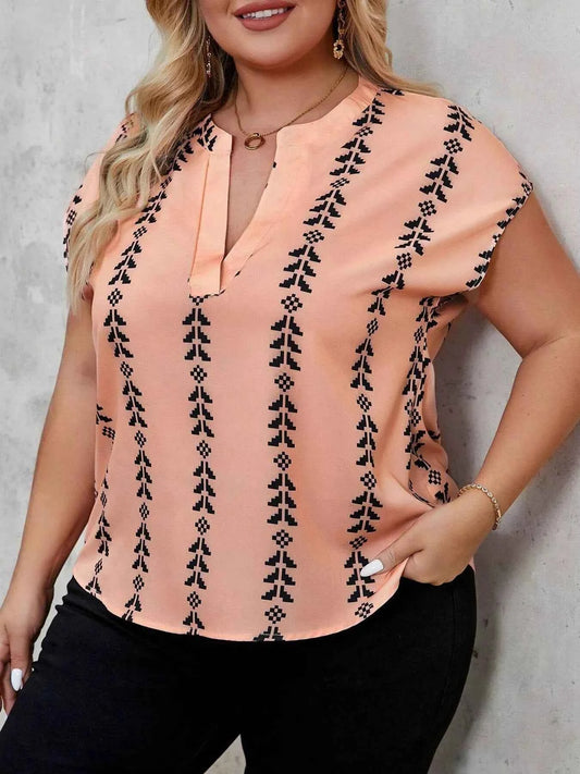 Plus Size Notched Short Sleeve Blouse