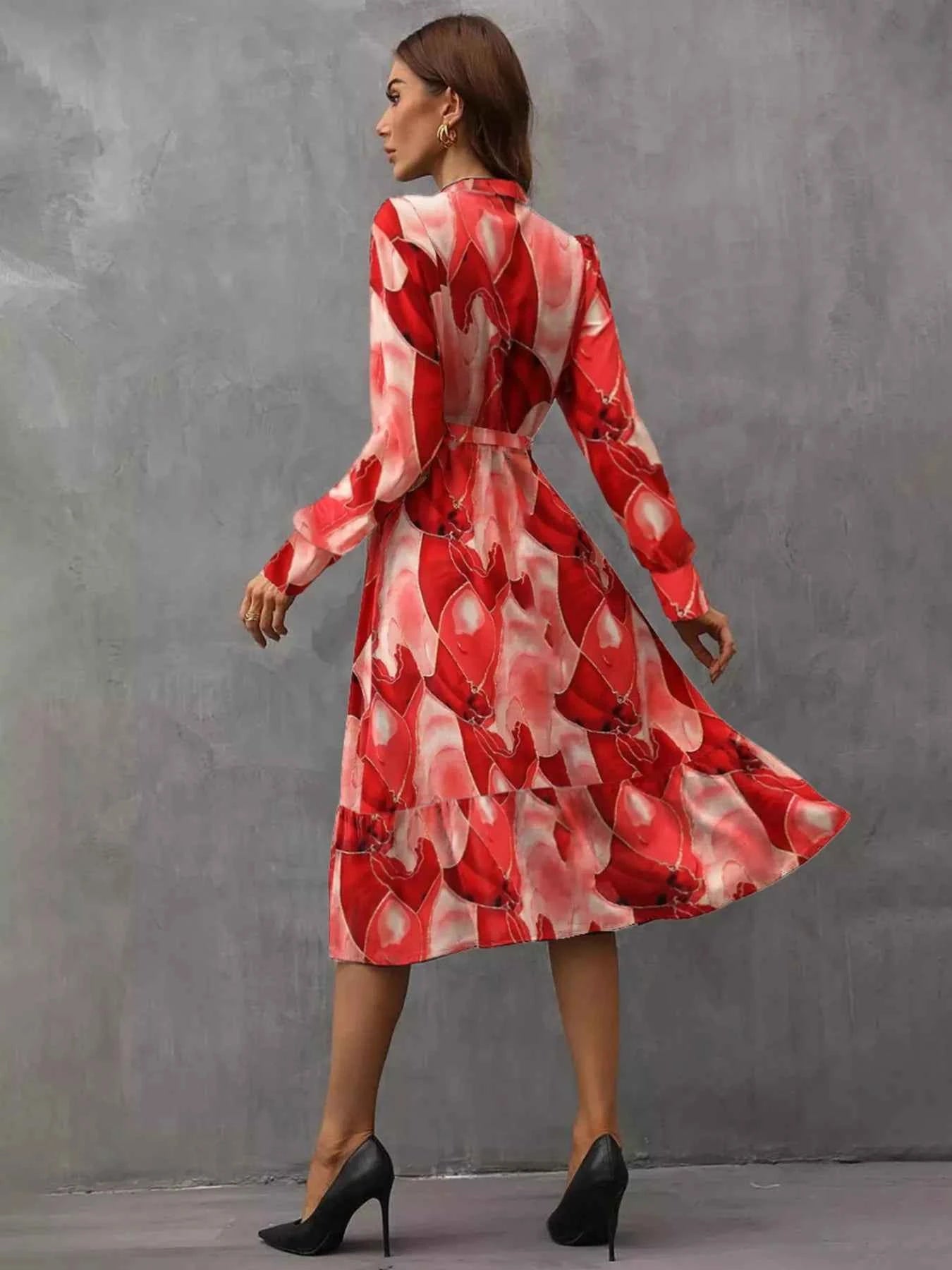 Notched Tie Waist Long Sleeve Dress