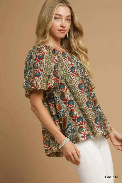 Umgee Boho Floral Stripe Puff Sleeve Blouse
