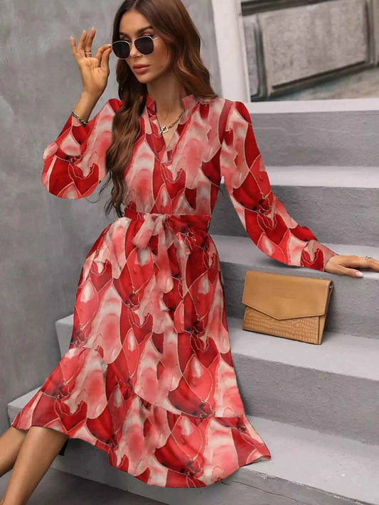 Notched Tie Waist Long Sleeve Dress