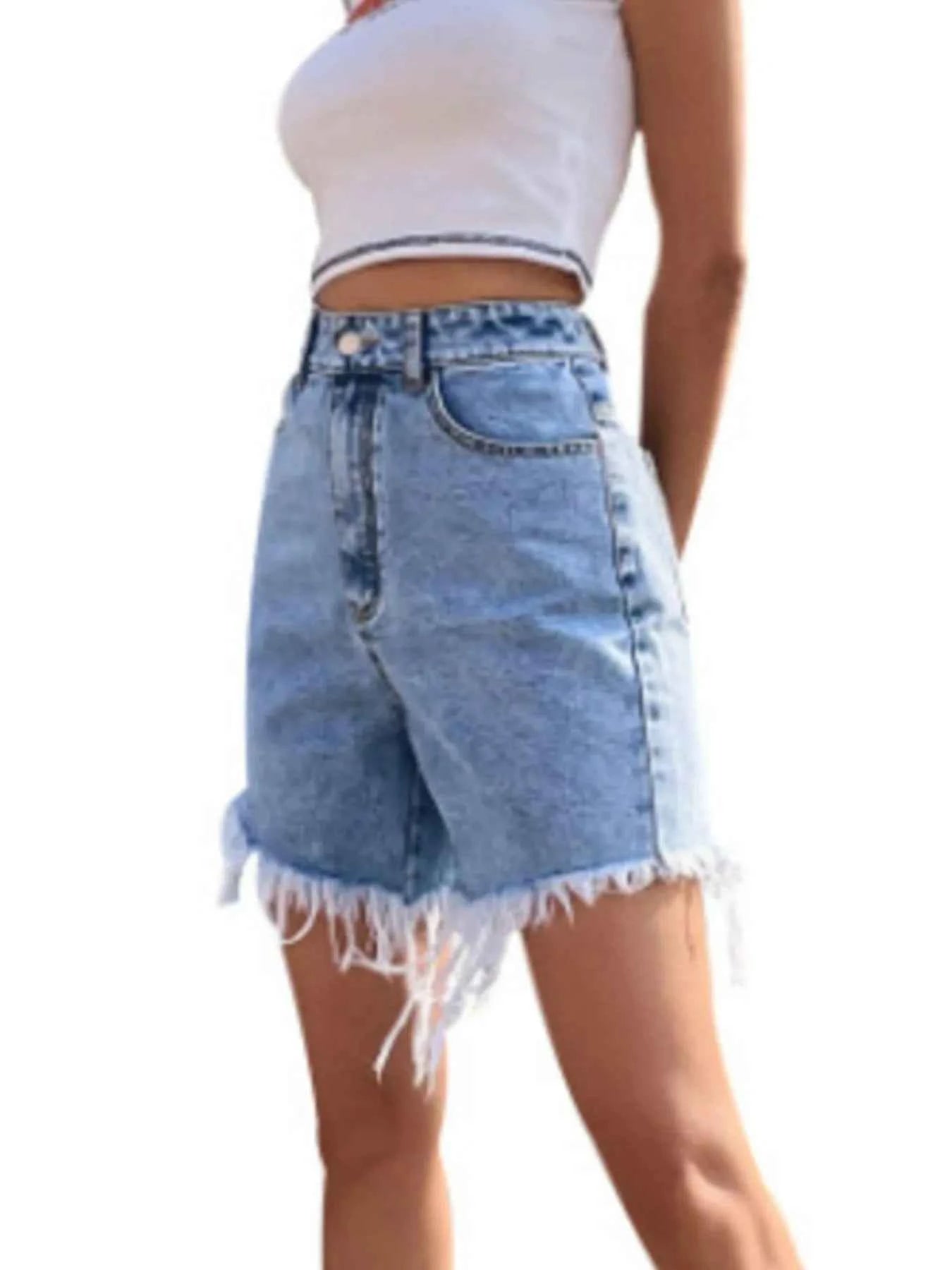 High Waisted Frayed Hem Denim Shorts