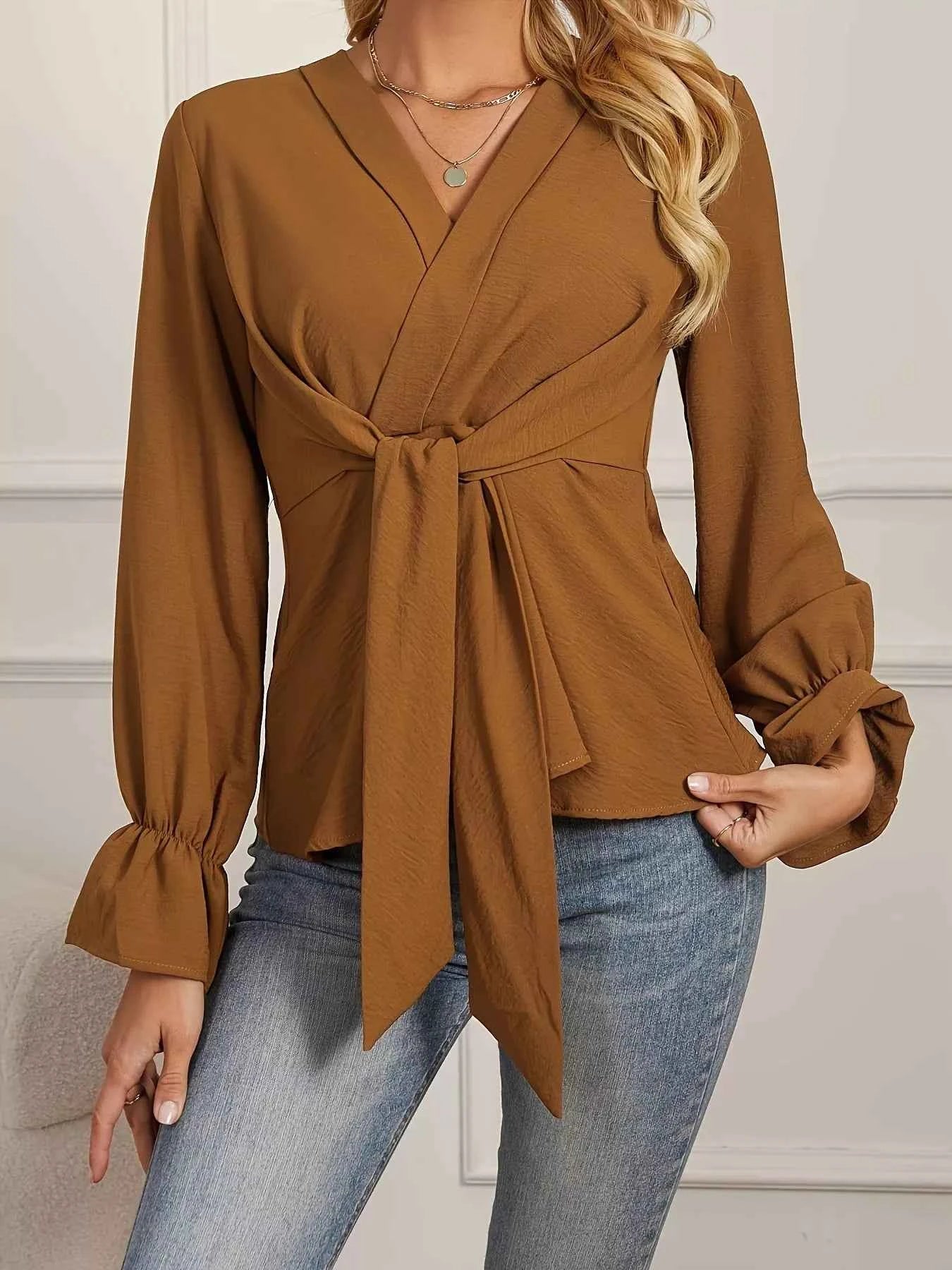 Knot Front Long Sleeve Blouse