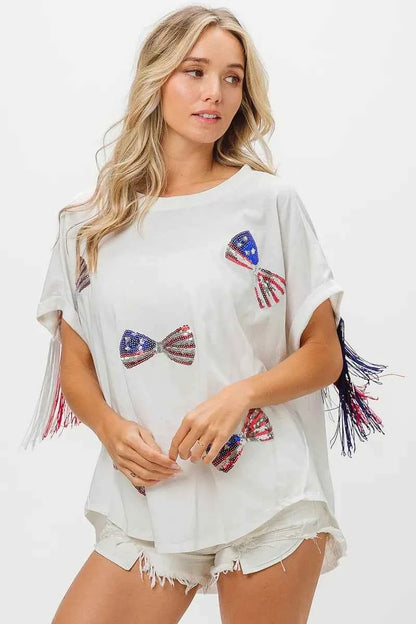 BiBi American Flag Sequin Ribbon T-Shirt