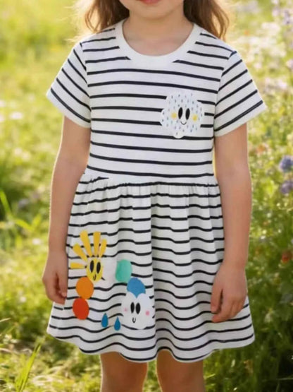Children's Cute Appliques Striped Round Neck Dress