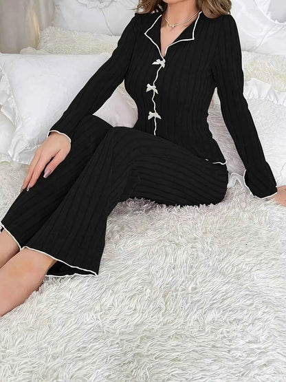 Ribbed Bow Front Top and Pants Lounge Set
