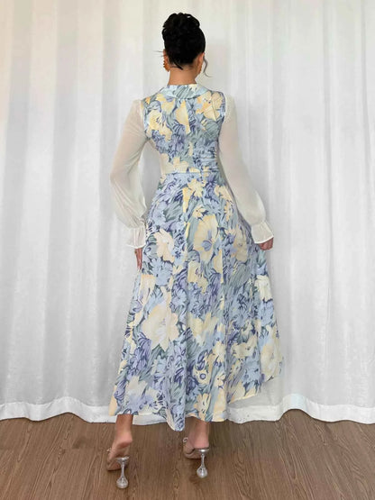 Floral Print Sheer Flounce Sleeves Dress