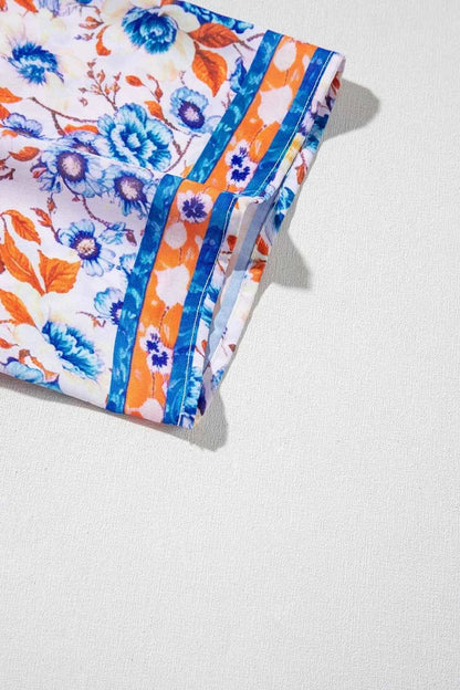 Mixed Floral Print Tie Neck Short Sleeve Dress