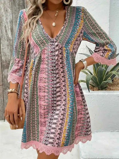 Lace Trim Printed V-Neck 3/4 Sleeve Dress