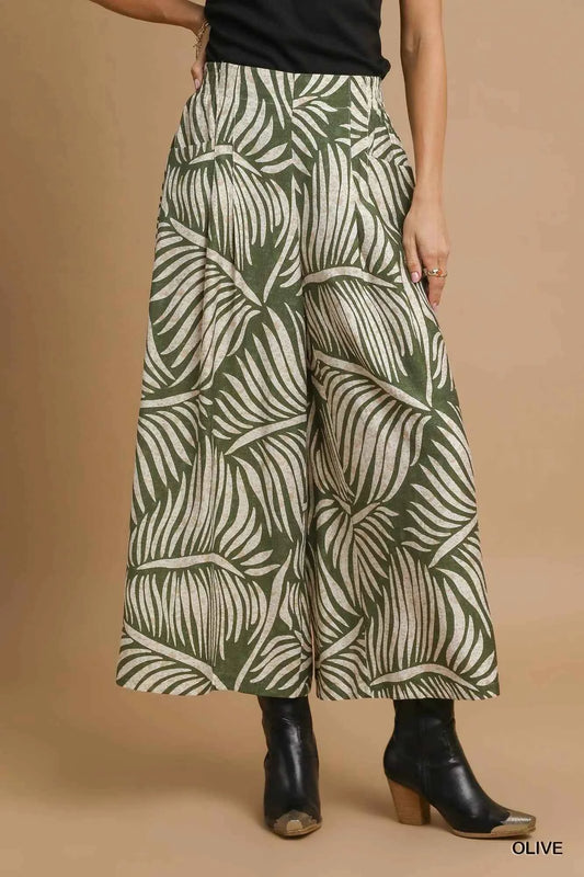 Umgee Palm Leaf Print Wide Leg Culotte Pants
