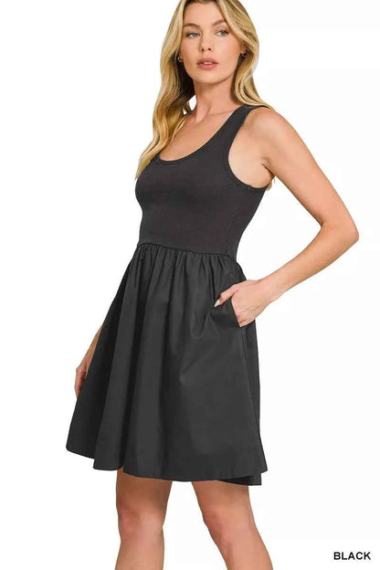 Zenana Combined Knit & Woven Midi Dress