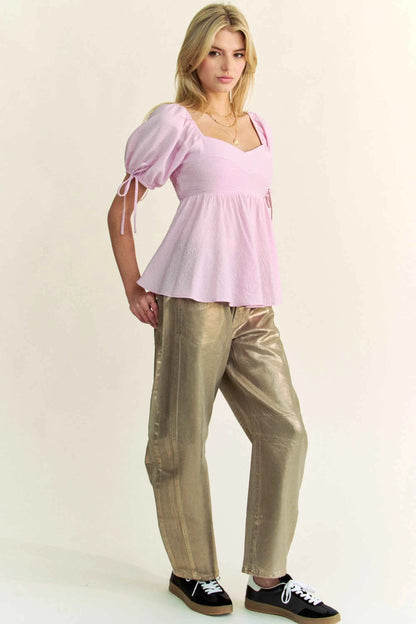 Davi & Dani Solid Elastic Peplum Puffed Sleeves Blouse