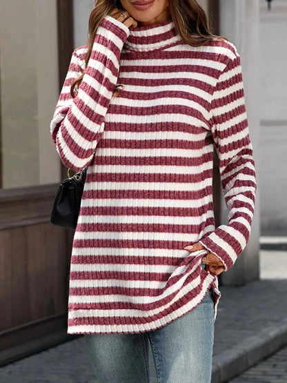 Striped Turtleneck Long Sleeve Knit Top