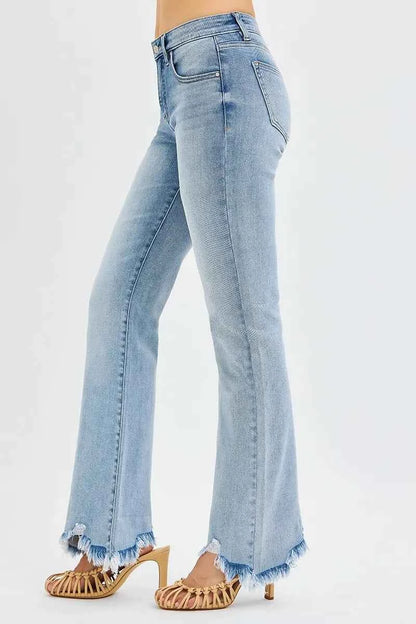 RISEN Full Size Tummy Control Mid Rise Flare Jeans with Fray Hem Detailed Plus Size